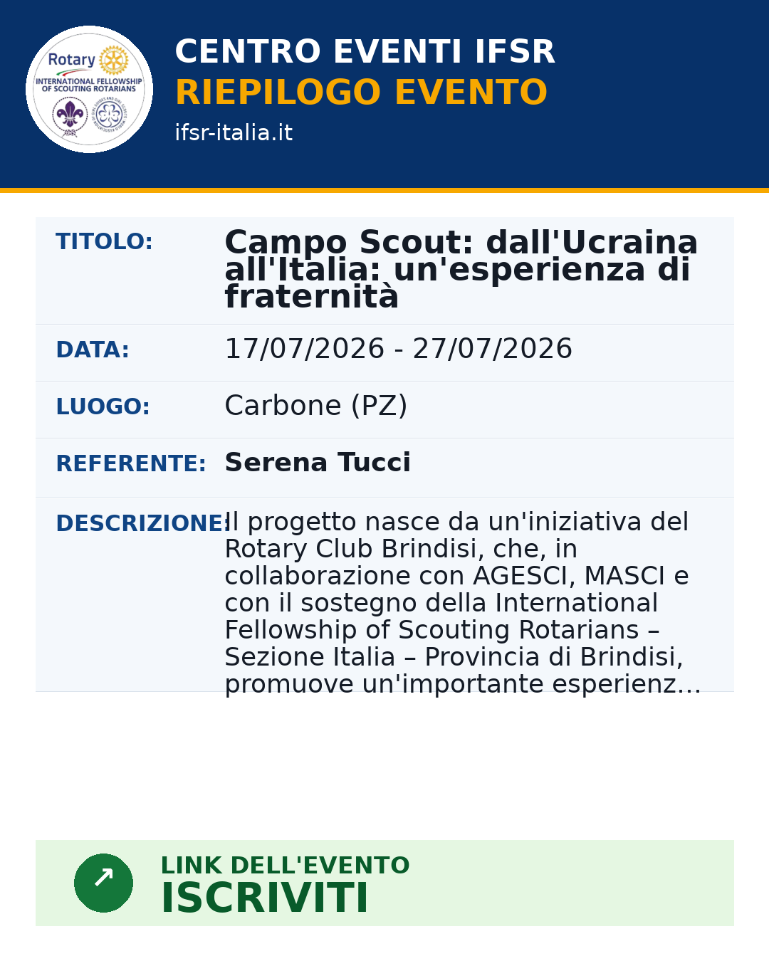 Campo Scout: dall'Ucraina all'Italia: un'esperienza di fraternità – 17/07/2026 – Carbone (PZ)